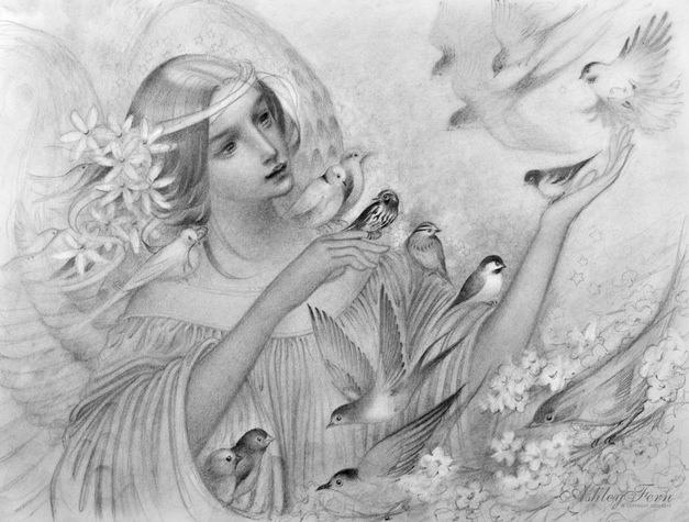 Drawing of young woman holding small songbirds